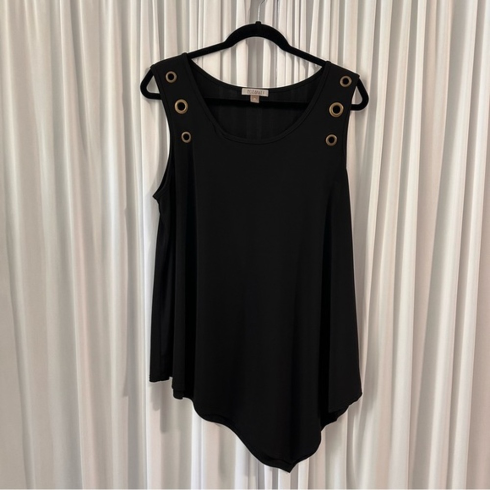 Roz & Ali Asymmetrical Black Sleeveless Tunic Top with Bronze Accents